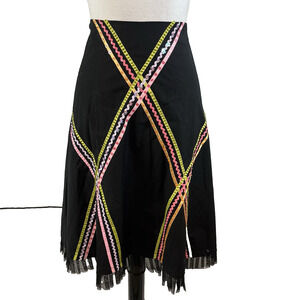 Cadi & Blu Skirt sz 12 Black Pink Ribbons Beads Knee A Line Peasant Boho Modest